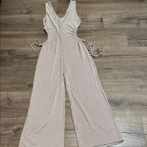 Caution To The Wind Taupe and White Striped Jumpsuit